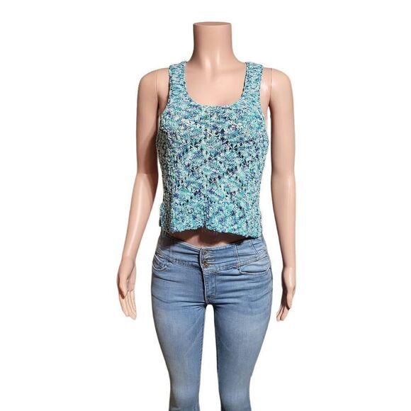 Asymmetrical crew neck water blue sleeveless crochet tank top M - Picture 2 of 7